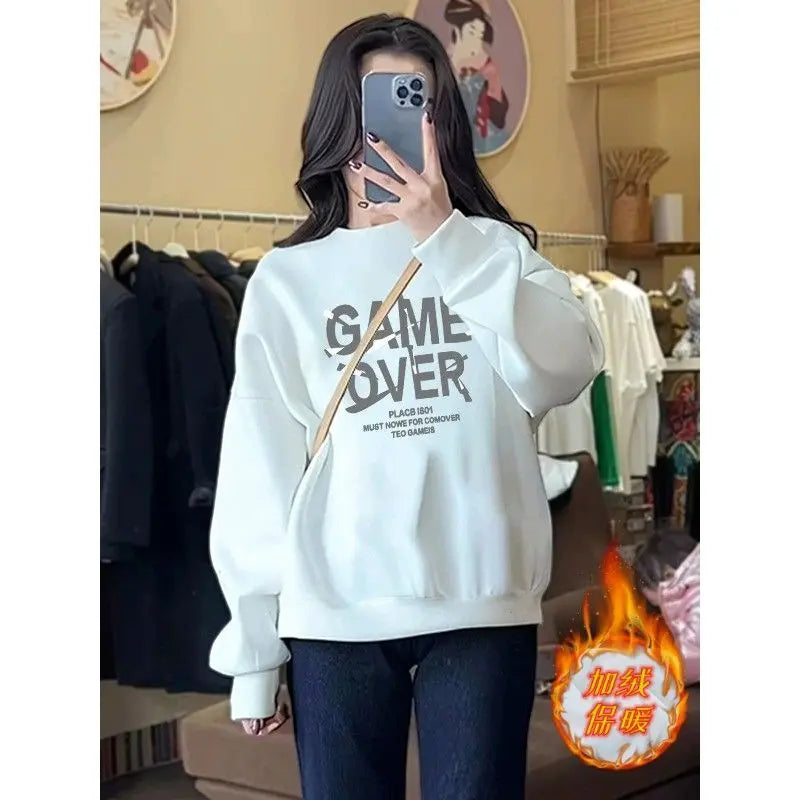 Autumn and Winter Women's Crew Neck Long Sleeves Printing Loose Pullovers Korean Hoodies Fashion Casual All Match Tops