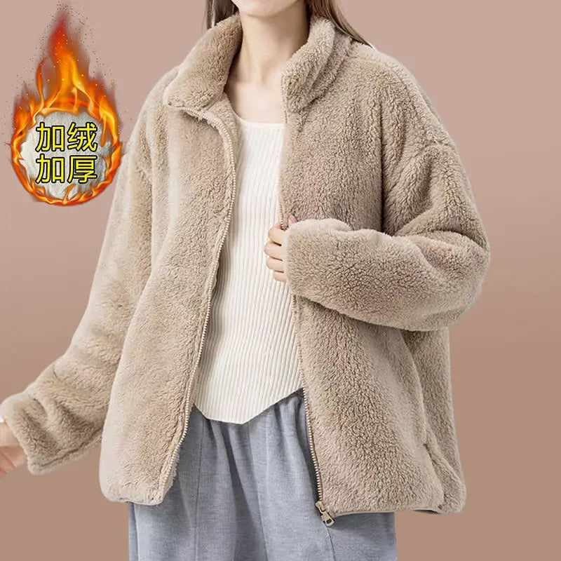 Double Sided Fleece Jacket for Women Warm and Thick Loose Cotton Jacket with Fleece Worn Outside Fleece Cardigan Jacket Women