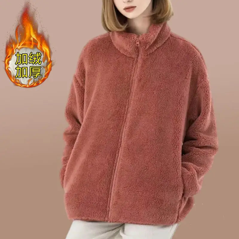 Double Sided Fleece Jacket for Women Warm and Thick Loose Cotton Jacket with Fleece Worn Outside Fleece Cardigan Jacket Women