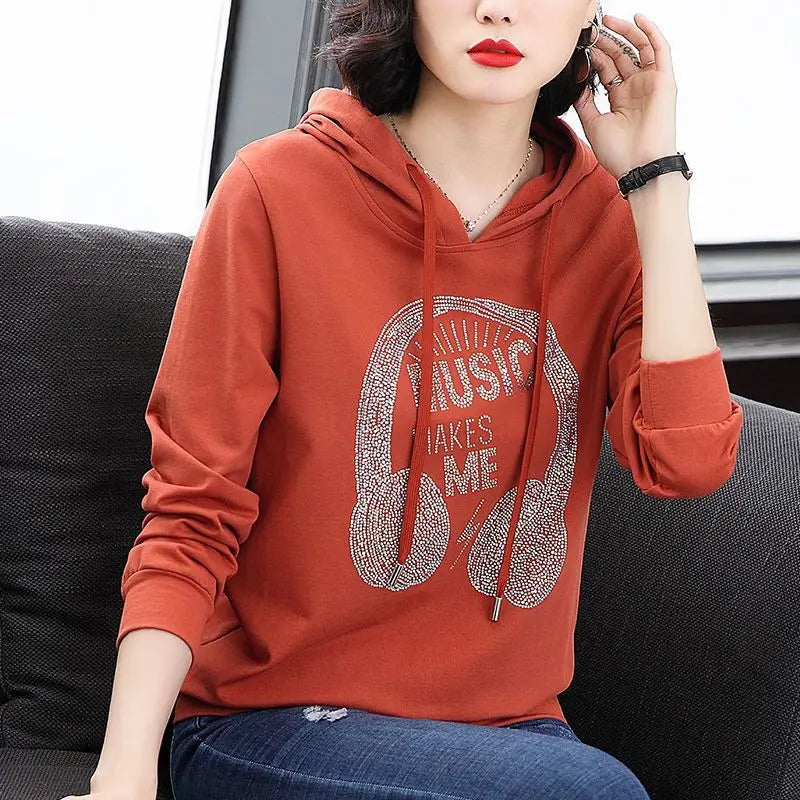 Women's Solid Color Hooded Drawstring Hoodies Spring and Autumn Thin Loose New Korean Printed Diamonds Long Sleeve Pullover Tops