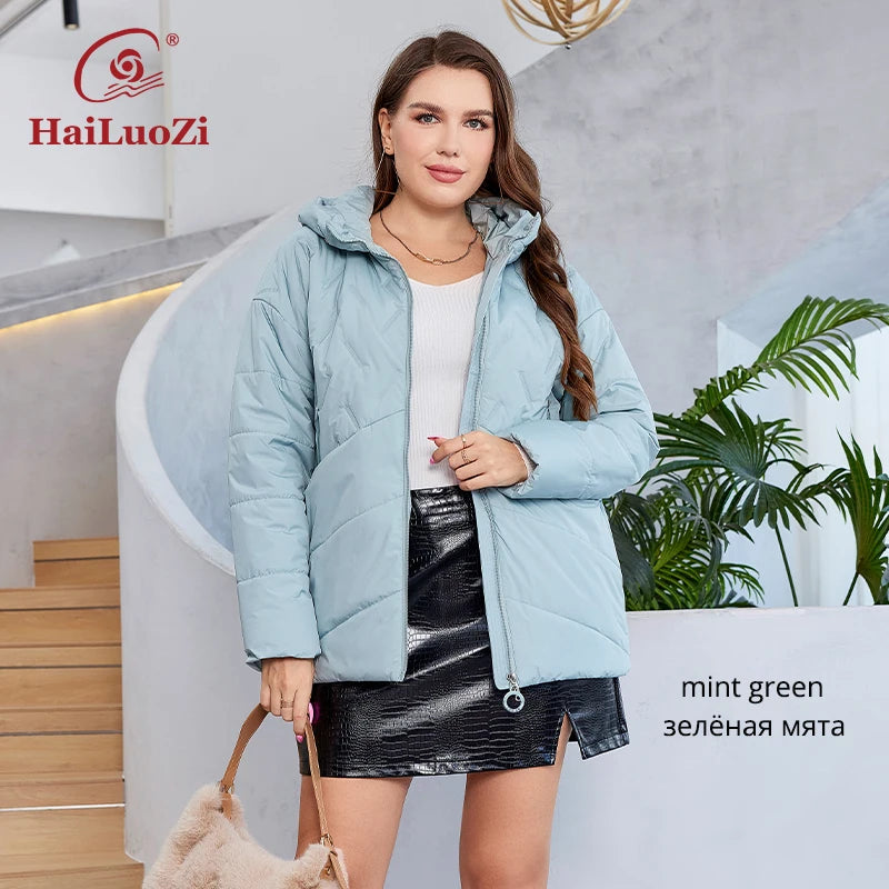 HaiLuoZi 2023 New Plus Size Women Clothing Short Hooded Quilting Female Outwear Classic Design Lightweight Women's Jacket 5529