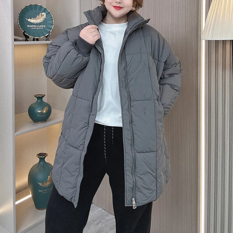 Plus Size Women Parka Winter New Loose Stand Collar Thickened Medium Long Down Cotton Jacket 8547