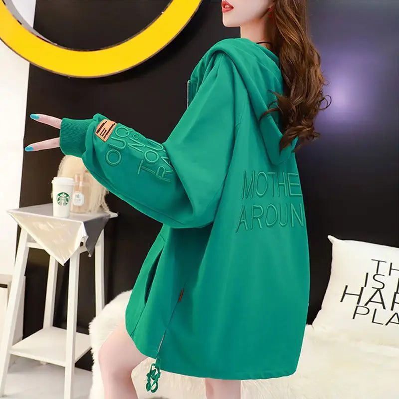 with Zipper Hooded Sweatshirt for Women Full Zip Up Embroidered Woman Tops Spring and Autumn Green Hoodies Long Dropshiping Coat