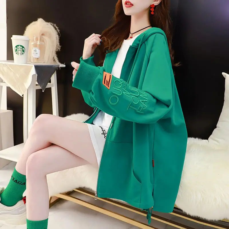 with Zipper Hooded Sweatshirt for Women Full Zip Up Embroidered Woman Tops Spring and Autumn Green Hoodies Long Dropshiping Coat