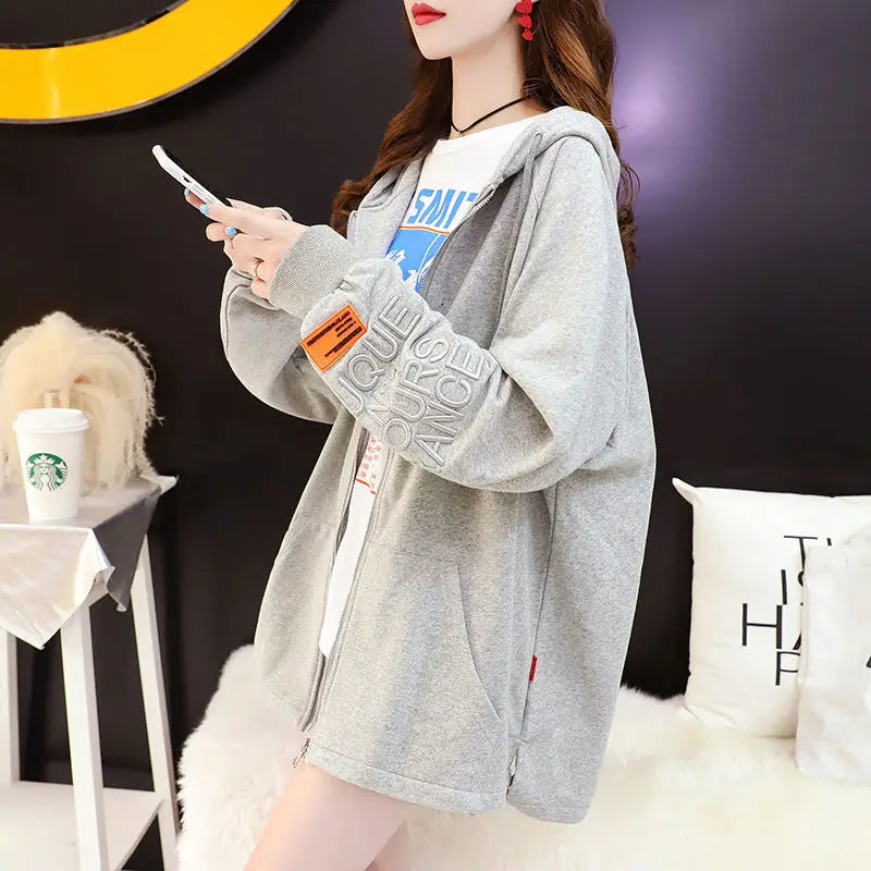 with Zipper Hooded Sweatshirt for Women Full Zip Up Embroidered Woman Tops Spring and Autumn Green Hoodies Long Dropshiping Coat