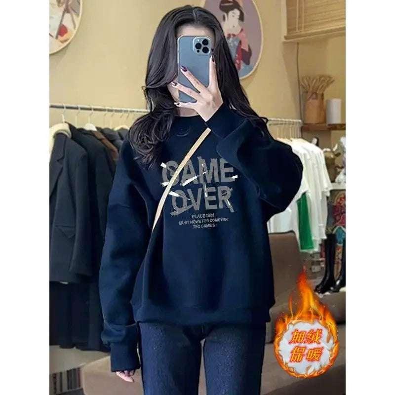 Autumn and Winter Women's Crew Neck Long Sleeves Printing Loose Pullovers Korean Hoodies Fashion Casual All Match Tops