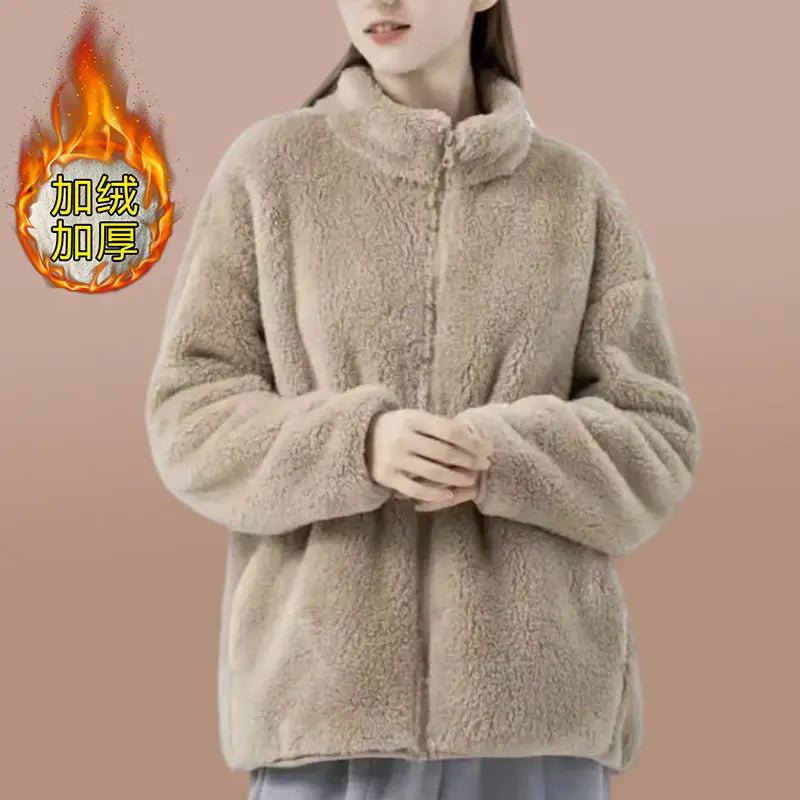 Double Sided Fleece Jacket for Women Warm and Thick Loose Cotton Jacket with Fleece Worn Outside Fleece Cardigan Jacket Women