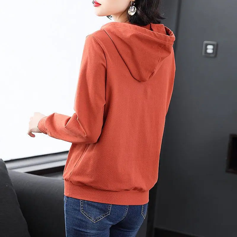 Women's Solid Color Hooded Drawstring Hoodies Spring and Autumn Thin Loose New Korean Printed Diamonds Long Sleeve Pullover Tops