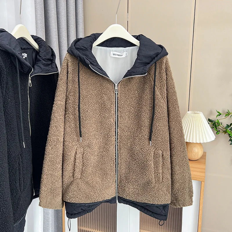 Womens Plus Size Parkas Winter 2023 Casual Clothing Hooded Thick Fleece Splicing Padded Jacket Fashion Warm Curve Coats S6 5717