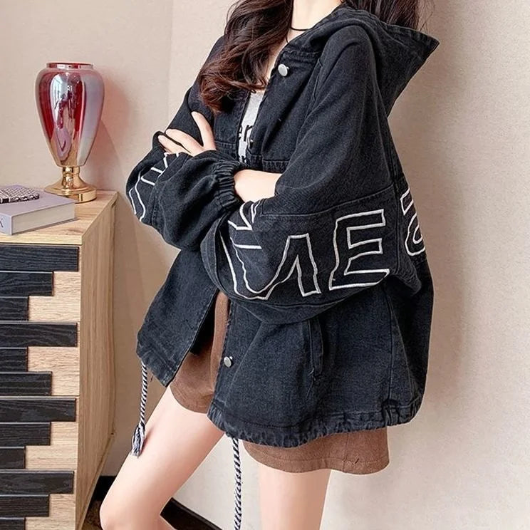 Medium Long Spring Autumn New Denim Jacket Female Loose Korean Version Embroidery Letter Coat Fashion Hooded Women Cowgirl Top