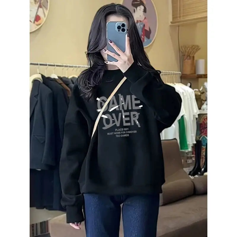 Autumn and Winter Women's Crew Neck Long Sleeves Printing Loose Pullovers Korean Hoodies Fashion Casual All Match Tops