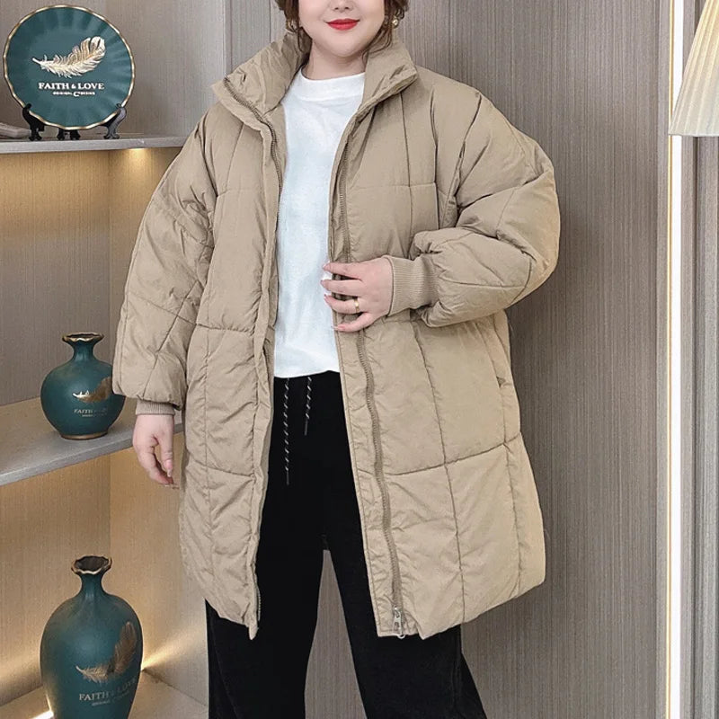 Plus Size Women Parka Winter New Loose Stand Collar Thickened Medium Long Down Cotton Jacket 8547