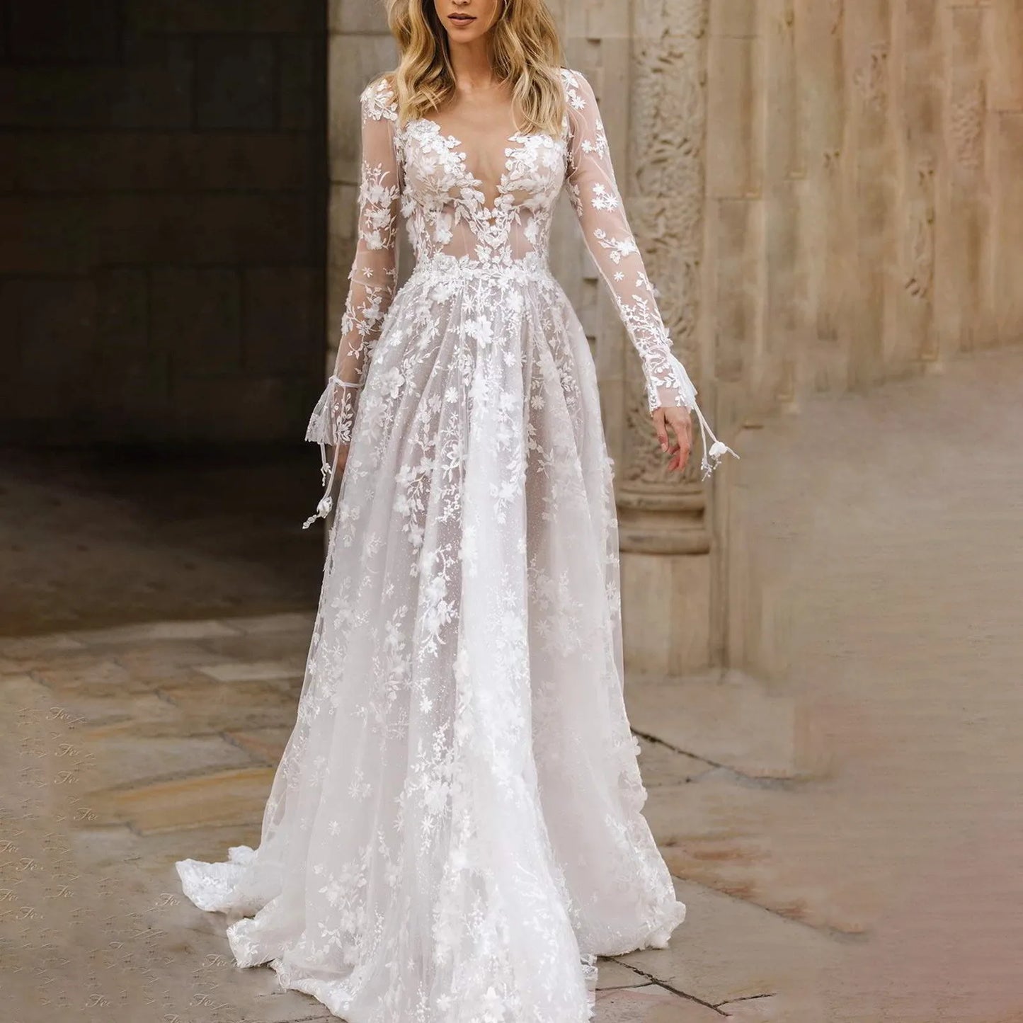 2024 Elegant High Waist Wedding Dress Women Clothing Pure White Long Sleeves Women's Solid Color Print Ball Gown Dresses 2024