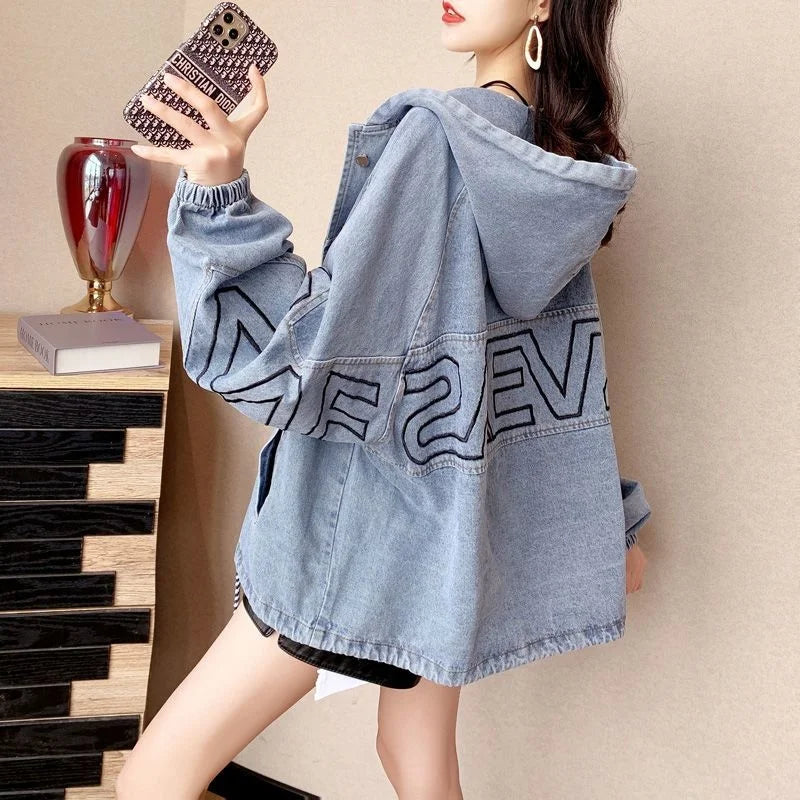 Medium Long Spring Autumn New Denim Jacket Female Loose Korean Version Embroidery Letter Coat Fashion Hooded Women Cowgirl Top