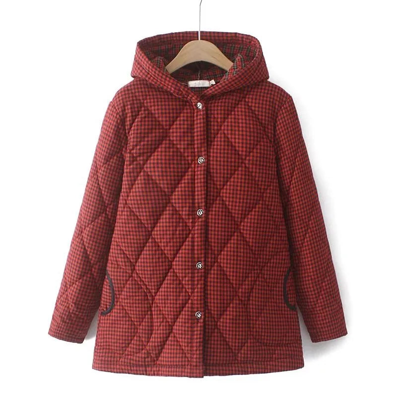 Plus Size Women's Clothing Winter Coat Thick Warm Cotton Jacket With Small Plaid Pattern Single Breasted Hooded Cotton Coat