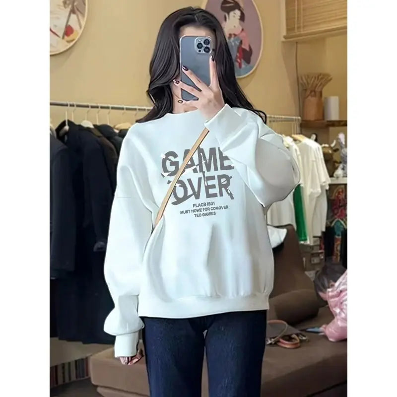 Autumn and Winter Women's Crew Neck Long Sleeves Printing Loose Pullovers Korean Hoodies Fashion Casual All Match Tops