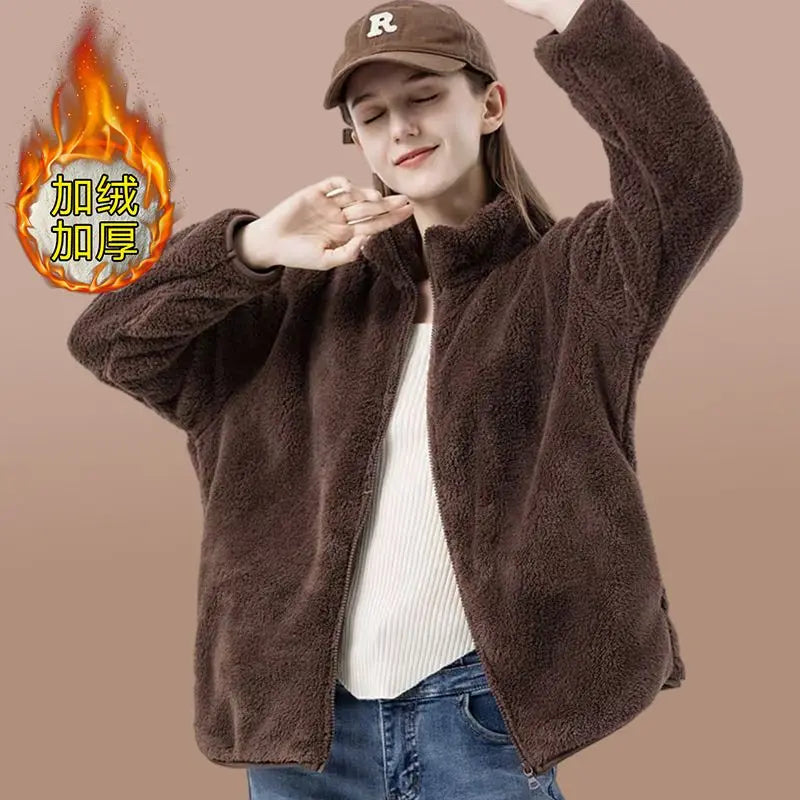 Double Sided Fleece Jacket for Women Warm and Thick Loose Cotton Jacket with Fleece Worn Outside Fleece Cardigan Jacket Women