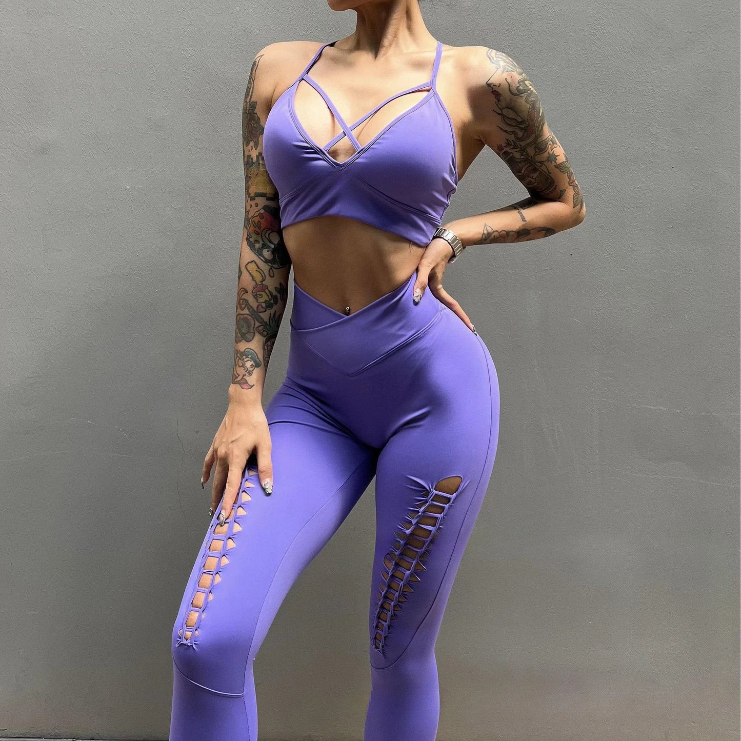 Gym Sexy Clothing Sports Fitness Deep V Sexy Bra Underwear Women's High Waist Tight Hip Lift Yoga Hollow Pants