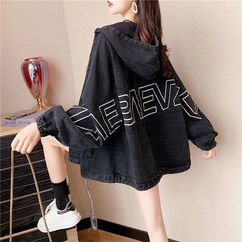 Medium Long Spring Autumn New Denim Jacket Female Loose Korean Version Embroidery Letter Coat Fashion Hooded Women Cowgirl Top