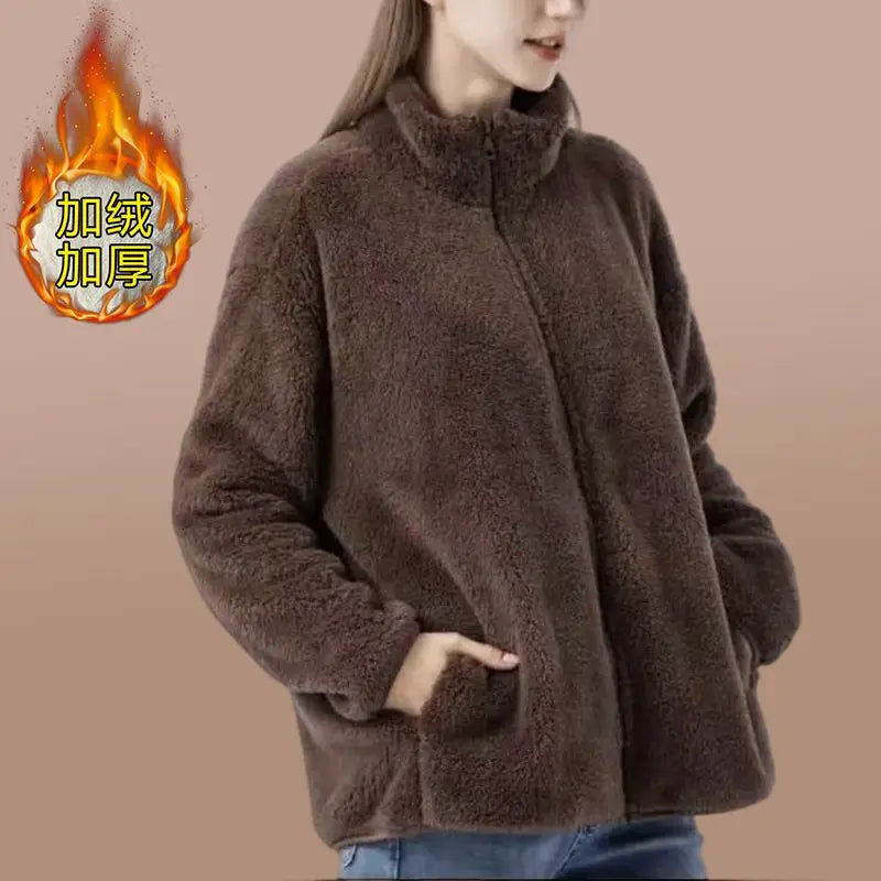 Double Sided Fleece Jacket for Women Warm and Thick Loose Cotton Jacket with Fleece Worn Outside Fleece Cardigan Jacket Women