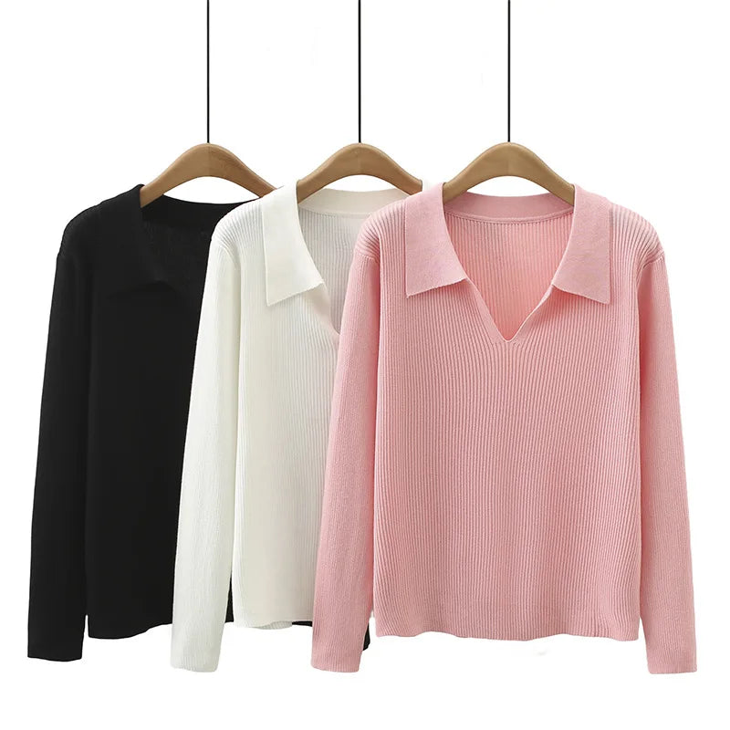 Slim V Neck Knit Sweater Women Plus Size Autumn Winter Casual Clothing Long Sleeve Pullover Solid Color Jumpers S61 6613