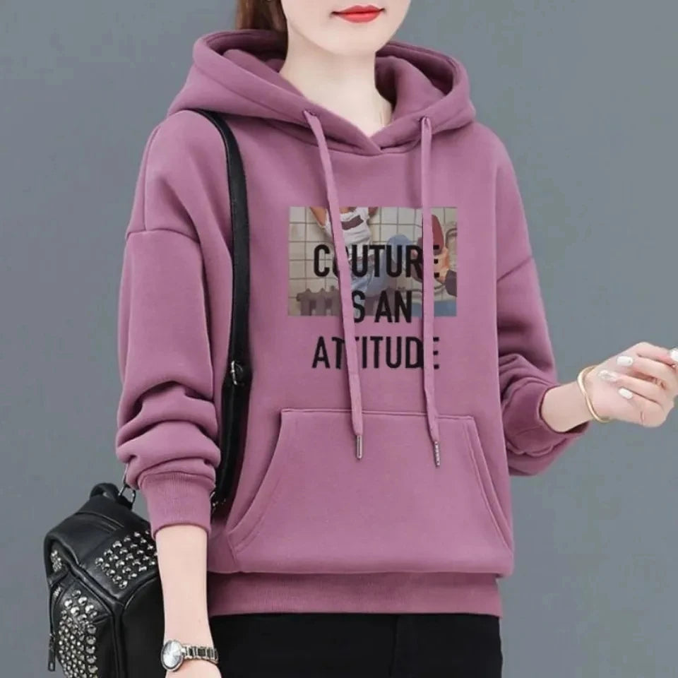 2024 Spring Autumn NEW Casual Printed Hooded Sweatshirt Women Korean Loose Fleece Hoodies Tops Female Student Pullover Shirts