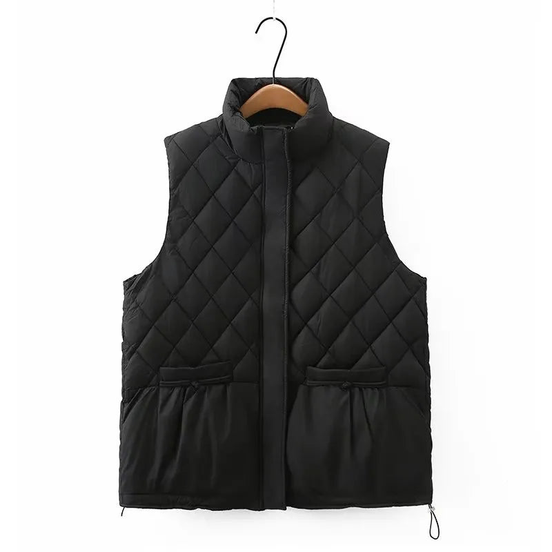 Plus Size Women's Clothing Sleeveless Cotton Coat Stand Collar Zipper Vest Quilted Thermal Vest With Center Layer  For Winter In