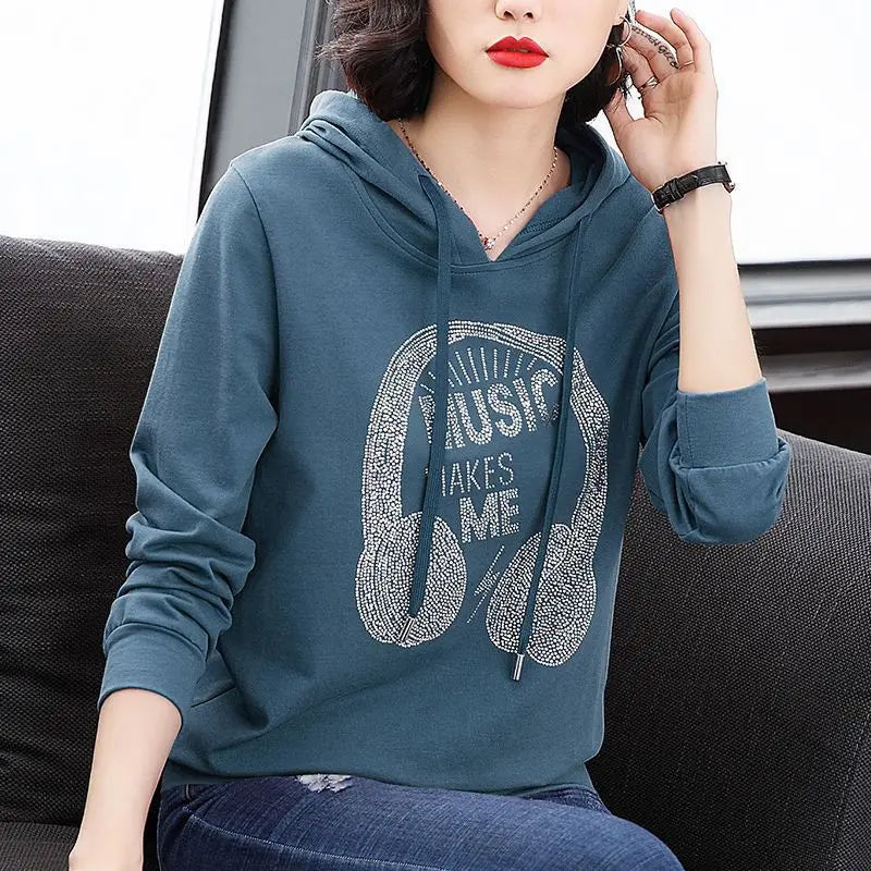 Women's Solid Color Hooded Drawstring Hoodies Spring and Autumn Thin Loose New Korean Printed Diamonds Long Sleeve Pullover Tops