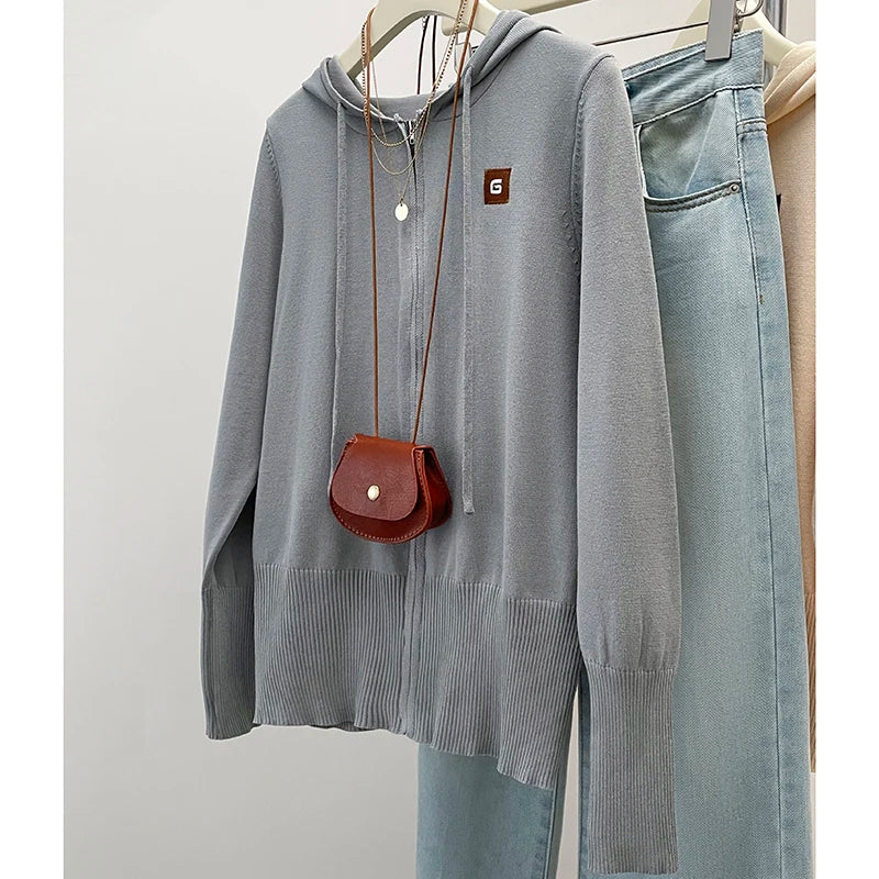 Plus Size Women's Clothing 2024 Autumn New Casual Knitwear Top, Loose Cardigan for Chubby Girls, Hooded Sweater Jacket Coat